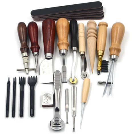 SJLERST Kit de couture artisanale DIY comprenant 18 outils en cuir, un poinçon à rainurer et un dé à coudre ciré