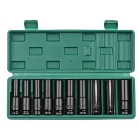 Jeu de douilles à chocs hexagonales à entraînement 1/2 pouces, 10 pièces, tailles métriques profondes, matériau CR-V 8-17mm avec boîte de rangement