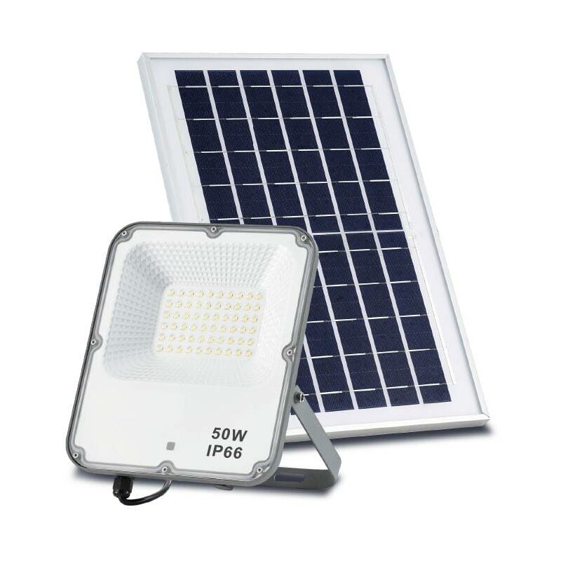 Foco Proyector Solar eco profesional 50w ip66 sensor crepuscular movimiento control remoto blanco neutro 4500k iluminashop ledme venecia mando a distancia pilas no incluidas 2250 lumen regulable