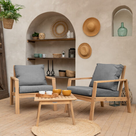 Gartenmöbel aus Akazienholz 2Sitzer GILI graue Kissen