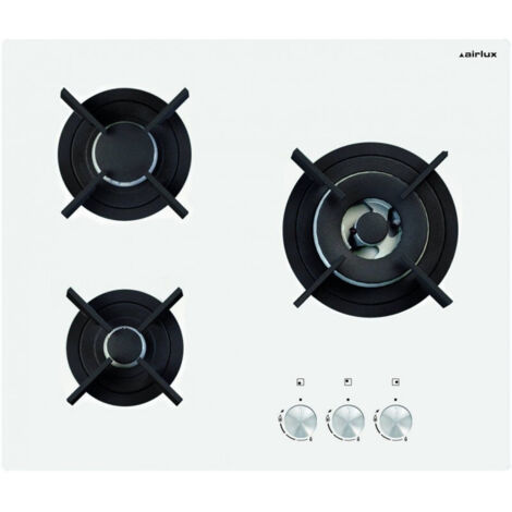Airlux – Table de cuisson à gaz 3 feux 60cm – Surface en verre trempé 8mm – Brûleurs 3500W, 1650W, 1000W – AV635HWH