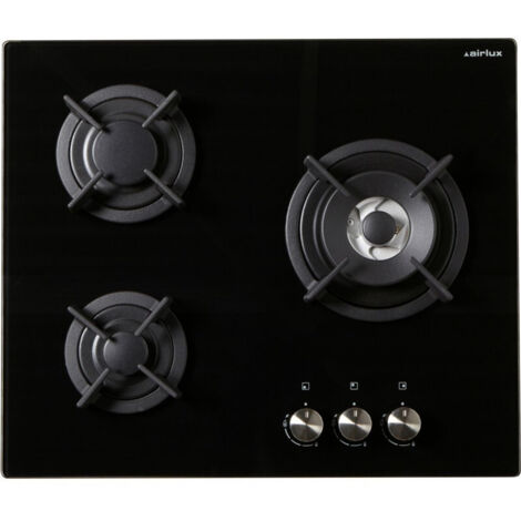 Airlux – Plaque de cuisson gaz 3 foyers 60cm – Puissance 6150W – Foyer triple couronne – Surface en verre noir – Injecteurs butane/propane inclus