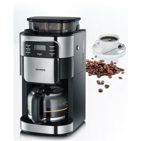 Cafetière filtre avec broyeur intégré 1000W – Capacité 1,4 L pour 10 tasses – Design inox et noir – Fonction Aroma et réglage de mouture – Severin