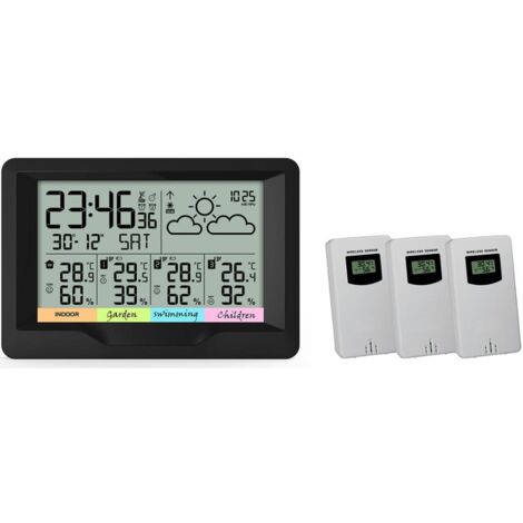 Station météo 3 sondes extérieures – Alimentation 2 piles AAA – Plage de température -40 à +60°C – Prévision météo – Noir