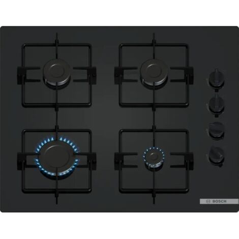Bosch – Plaque de cuisson gaz 4 foyers 59 cm – Brûleur rapide 3 kW – Verre trempé noir – Installation encastrable – Commandes latérales ergonomiques - POP6B6K30