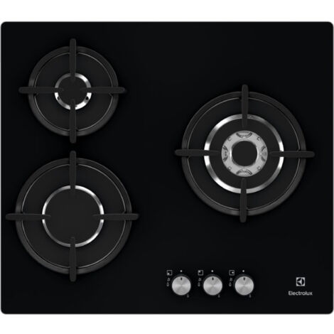 Electrolux – Plaque de cuisson gaz 3 foyers – Brûleur mijotage 1000W, large 3000W, haute vitesse 4000W – Puissance totale 7300W – Surface en verre noir - EGT6633NOK