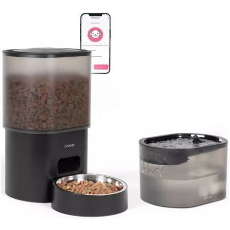Distributeur de croquettes automatique 5w noir + fontaine à eau - Livoo - PET107 (1/5)