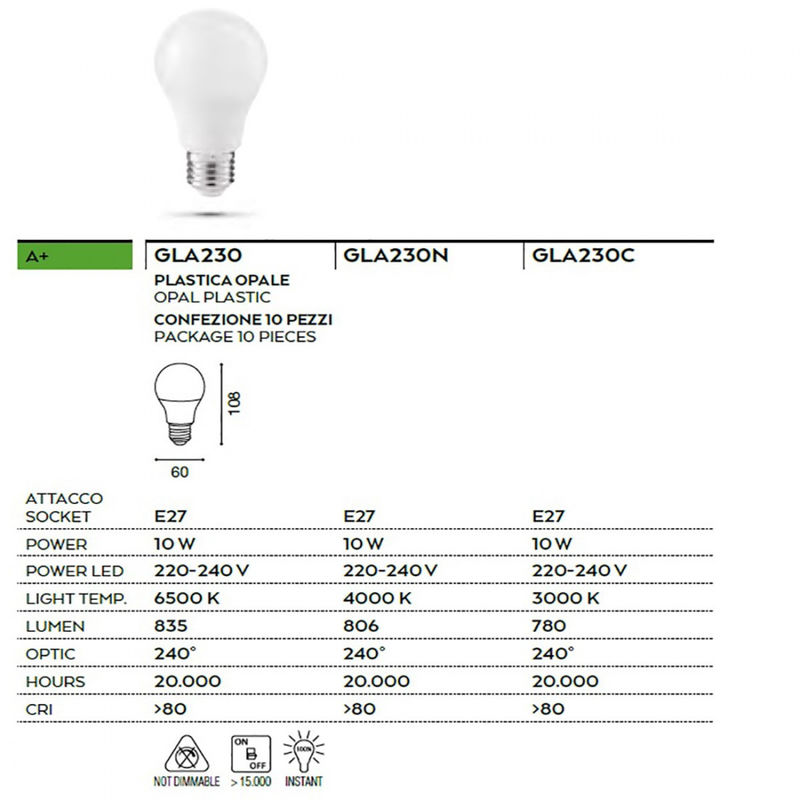 Lampadina LED GLA230 E27 10W luce fredda 6500K GEALED box 10 pezzi
