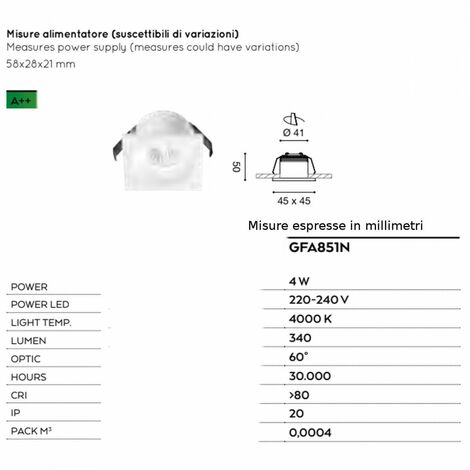 Faretto incasso alluminio vetro gea led gaia gfa851n led spot quadrato  controsoffitto 4w 4000°k