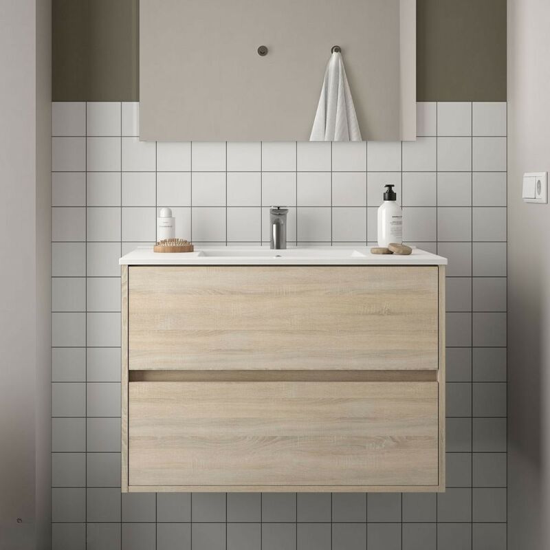 Mobile bagno sospeso 80 cm Ulisse in legno Nero opaco con lavabo