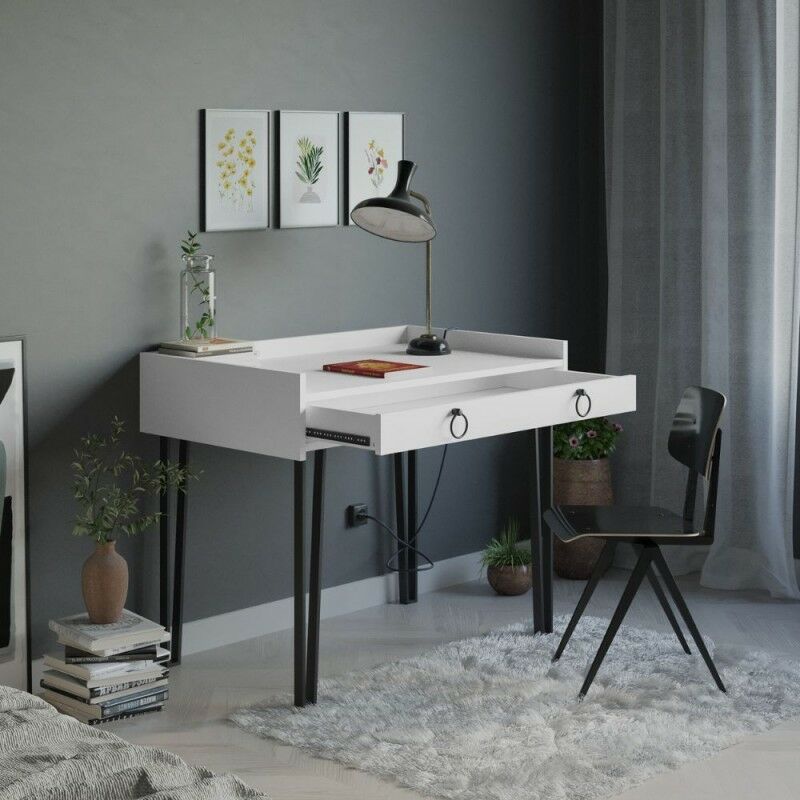 Scrivania in legno 100cm con cassetto colore bianca e gambe in metallo nero  - Sponge