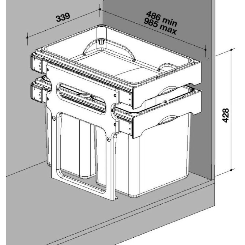 Pattumiera estraibile con 2 contenitori e 1 vassoio colore grigio - Tank40