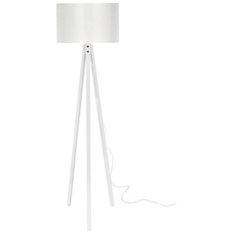 HOMCOM Lampada da Terra con Base Treppiede in Legno, Lampada a Piantana  Moderna con Paralume in Tessuto Bianco, E27, 45x45x147cm e