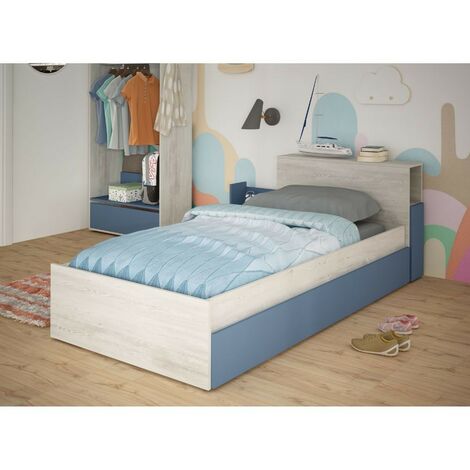 Letto singolo con comodino estraibile colore bianco e celeste