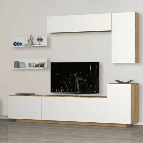 Parete Attrezzata Caesaroo Madison 200 Cm - Bianco Lucido E Rovere - Foto 11