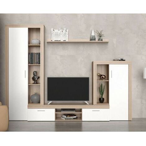 PARETE SOGGIORNO MODERNA NOCE EASTWOOD E SPATOLATO BIANCO MOD. NEW  SANTORINI - Grand Arredo Mobili