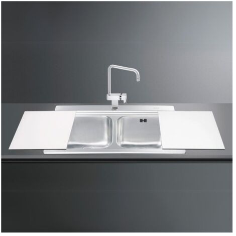 Lavello incasso 2 vasche 90x50 con taglieri in vetro bianco Smeg LI92B inox spazzolato
