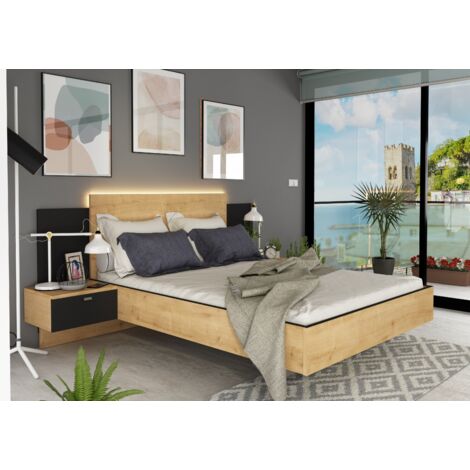 Struttura letto alla francese 1517 con comodini integrati colore rovere e nero