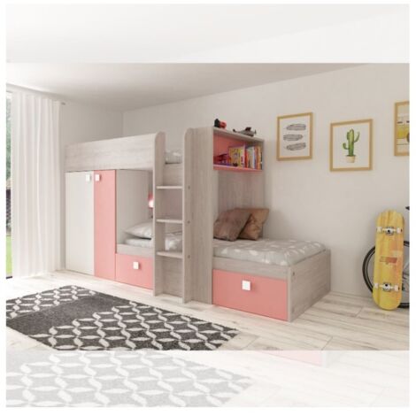 Letto a castello bianco consumato e rosa flamingo con armadio e cassetti 1267