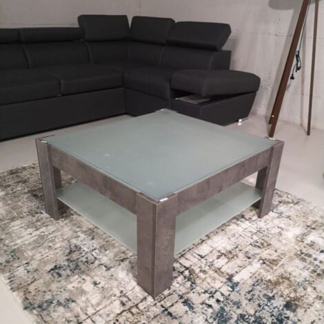 Tavolino da salotto 88,5x81 cm colore cemento con doppio ripiano in vetro - Homy (1/2)