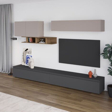 Parete attrezzata colore antracite e tortora con particolari noce 300 cm - Monica (1/5)