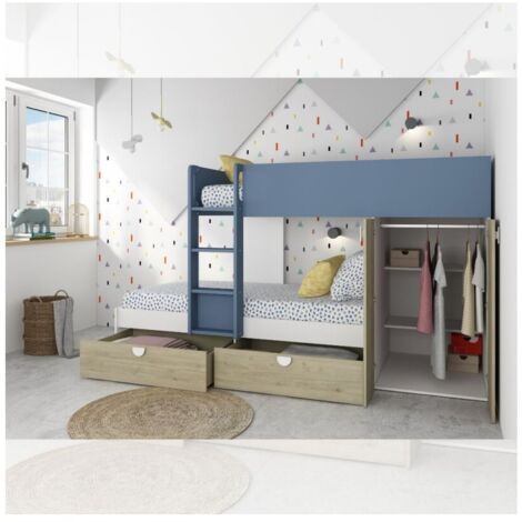 Cameretta con letto a castello con cassettoni e armadio reversibile colore rovere e azzurro