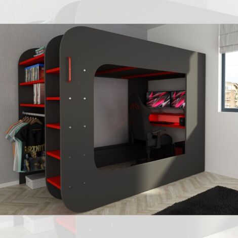 Letto a soppalco con postazione gamer colore antracite rosso 5000