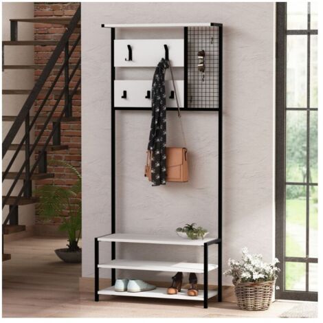 Mobile ingresso 78 cm in legno con appendiabiti in metallo nero e particolari colore bianco - Nomad (1/5)