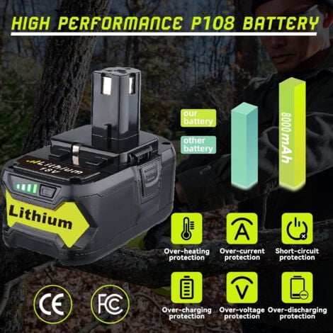 2Pack Pour Ryobi 18V Batterie 8.0Ah Lithium ONE Plus P108 P107 P105 P104 P103 P102 RB18L50 RB18L40 Remplacement pour Ryobi 18V Outils sans fil