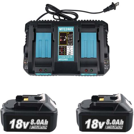 2X 18V 8.0Ah BL1860B batterie de rechange pour Makita avec indicateur de batterie LED + Dual Port 3A chargeur pour DC18RD Compatible pour BL1860B BL1860 BL1850B BL1850 BL1840B BL1830 batterie d'outils