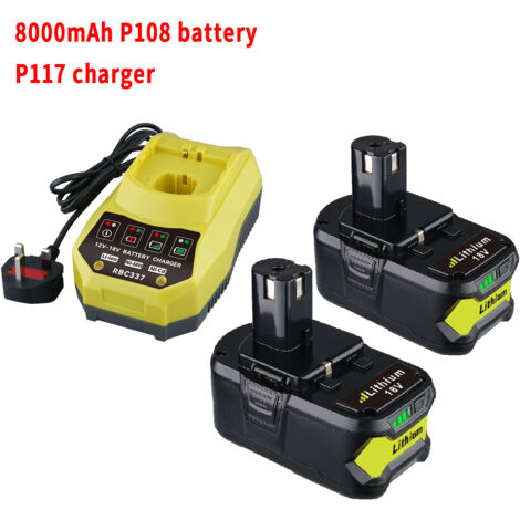 Pdstation – Lot de 2 batteries 18V 8Ah – Chargeurs compatibles Ryobi ONE+ P108 P102 P103 P104 P105 P107 P109 P122 – Autonomie prolongée pour outils sans fil