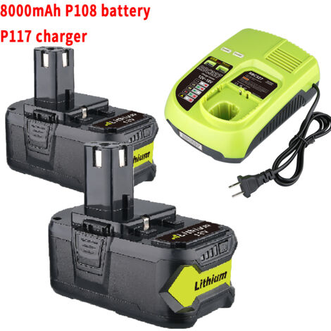 Pack de 2 batteries P108 8,0 Ah et chargeur pour batteries Ryobi 18 V P108, P102, P104, P105, P107, P109, P122 avec chargeur P117, batterie 18 V et kit de charge (1/5)