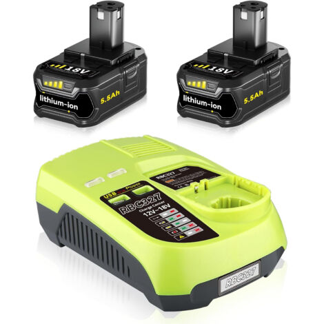 Lot de 2 batteries lithium-ion 5.5 Ah P108 compatibles avec Ryobi 18 V (0ne+) P102, P103, P105, P107, P108, P109, RB18L50, RB18L40, RB18L25, RB18L15, avec chargeur Ryobi P117 (2 batteries + P117) (1/5)
