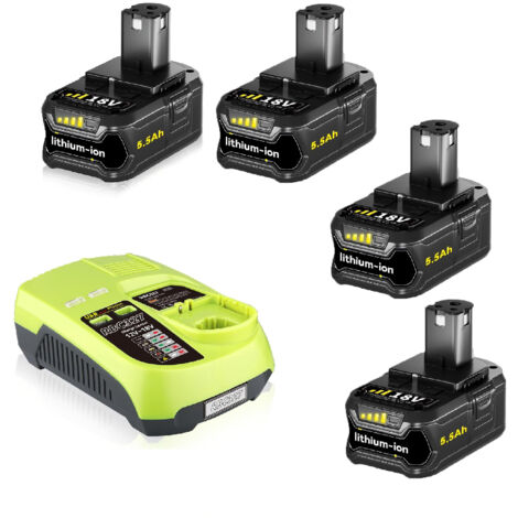 Lot de 4 batteries lithium-ion 5.5 Ah P108 compatibles avec Ryobi 18 V (0ne+) P102, P103, P105, P107, P108, P109, RB18L50, RB18L40, RB18L25, RB18L15, avec chargeur Ryobi P117 (2 batteries + P117) (1/5)