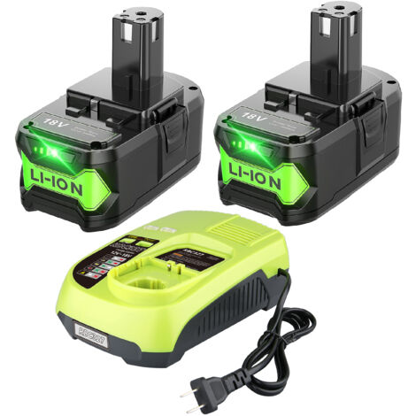 Lot de 2 batteries lithium-ion P108 18 V 9 Ah et chargeur rapide P117B 3 A avec port USB, compatibles avec les batteries Ryobi 18 V P102, P103 et P109, compatibles avec les outils électriques sans fil (1/5)