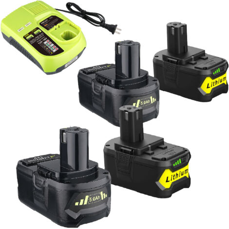 4×batteries P108 18V 5.0Ah li-on de remplacement & chargeur rapide P117B 3A avec port USB, compatible avec les batteries Ryobi 18V P102,P109 et avec outils électroportatifs Ryobi 18 Volt Plus Power. (1/5)