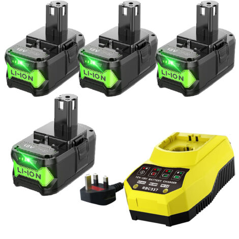 Lot de 4 batteries de rechange Ryobi 18 V P108 P102 9.0 Ah et chargeur P117, compatibles avec les outils sans fil Ryobi 18 V P103 P104 P105 P107 P109 P190 P191 P122 (1/5)
