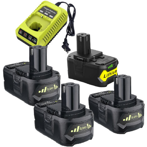 Lot de 4 batteries de rechange Ryobi 18 V P108 18 V 5,0 Ah et kit de chargeur, pour batterie lithium ONE+ 18 V P104 P105 P102 P103 P107 P108, avec chargeur rapide P117 P118 pour batterie Ryobi (1/5)