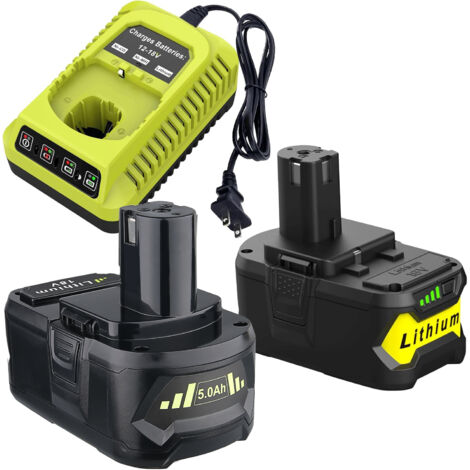 Lot de 2 batteries de rechange Ryobi 18 V P108 18 V 5,0 Ah et kit de chargeur, pour batterie lithium ONE+ 18 V P104 P105 P102 P103 P107 P108, avec chargeur rapide P117 P118 pour batterie Ryobi (1/5)