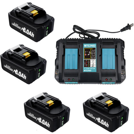 Batterie lithium longue durée 4 x 18 V 8 Ah et chargeur rapide pour outils et batteries Makita 18 V, chargeur double port 18 V DC18RD compatible avec Makita BL1860B BL1850B BL1840B BL1830B DC18RC