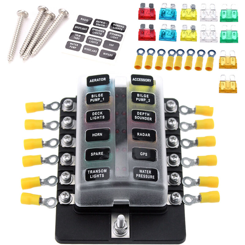 12 Holder Way lama Fuse Box Fuse Blocks con terminali LED rosso 10pz  fusibili 10pcs per il crogiolo di automobile Marine Caravan camion 12V 24V