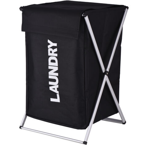 Cesto Per Biancheria Pieghevole In Bambù E Cotone Con Coperchio - Nero - Foto 8