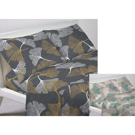 Completo Lenzuola In 100% Cotone Made Italy Moderno Disegno Ginko, misuraPiazza E MezzacoloreVerde
