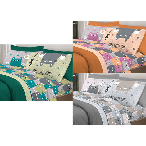 Completo Lenzuola Letto Pensieri Delicati 100% Cotone Disegno Happy Cat, misuraSingolocoloreGrigio