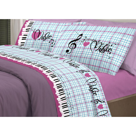 Completo Lenzuola Letto Linea Pensieri Delicati 100% Cotone Disegno Musica,  misuraSingolocoloreRosa