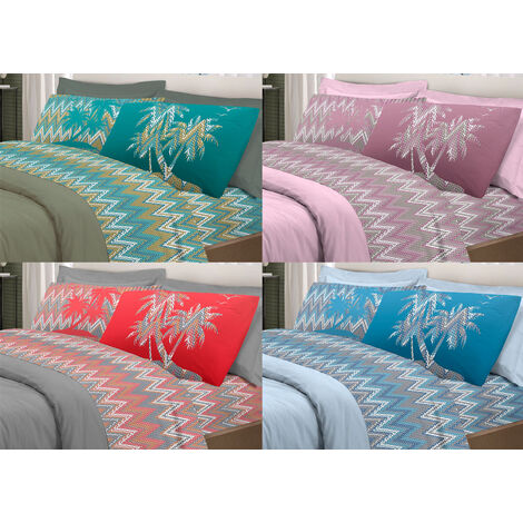 Completo Lenzuola Letto Pensieri Delicati 100% Cotone Dis. Palme Spinato, misuraPiazza E MezzacoloreRosa