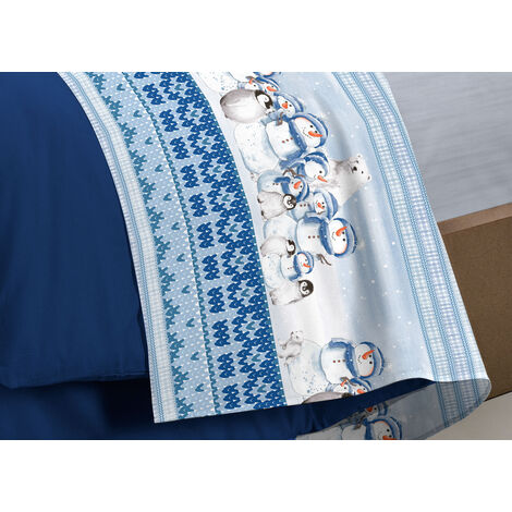 Completo Lenzuola Letto Pensieri Delicati 100% Cotone Dis. Inverno Polare,  misuraSingolocoloreBlu