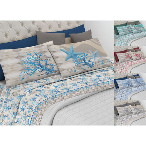 Completo Lenzuola Letto Pensieri Delicati 100% Cotone Dis. Marina New, misuraMatrimonialecoloreRosso