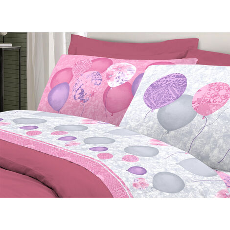 Completo Lenzuola Letto Pensieri Delicati 100% Cotone Dis. Palloncini,  misuraSingolocoloreRosa