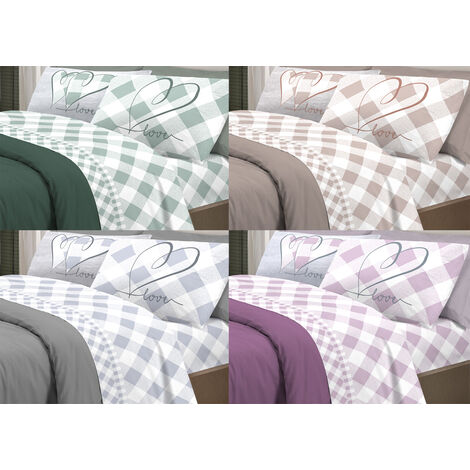 Completo Lenzuola Letto Pensieri Delicati 100% Cotone Dis.Lovely Check, misuraMatrimonialecoloreGrigio